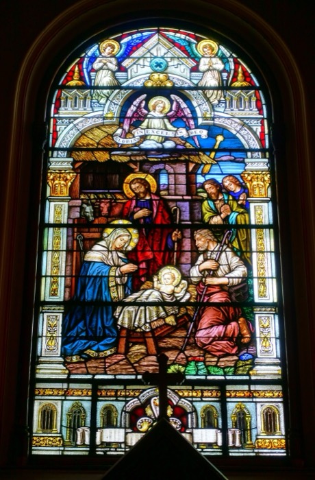 Stained glass showing the Nativity